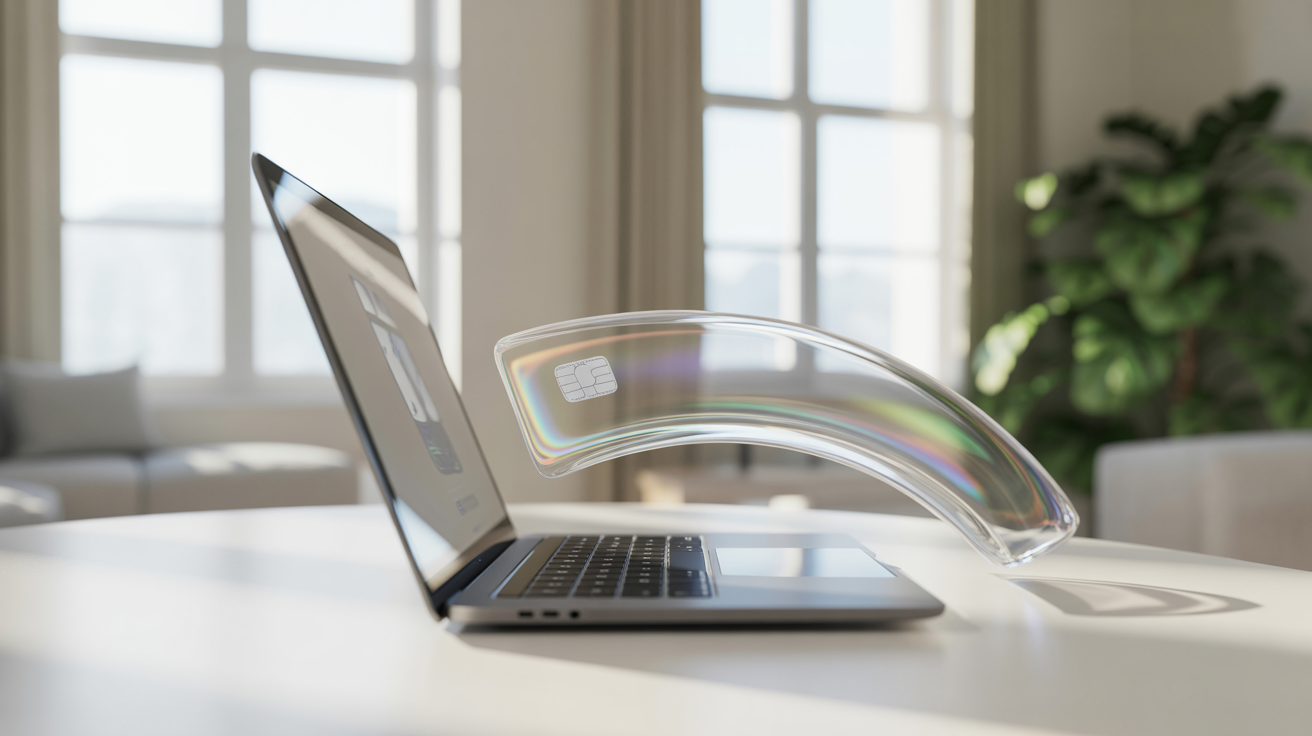 Freelancer laptop with holographic payment card representing gasless invoicing